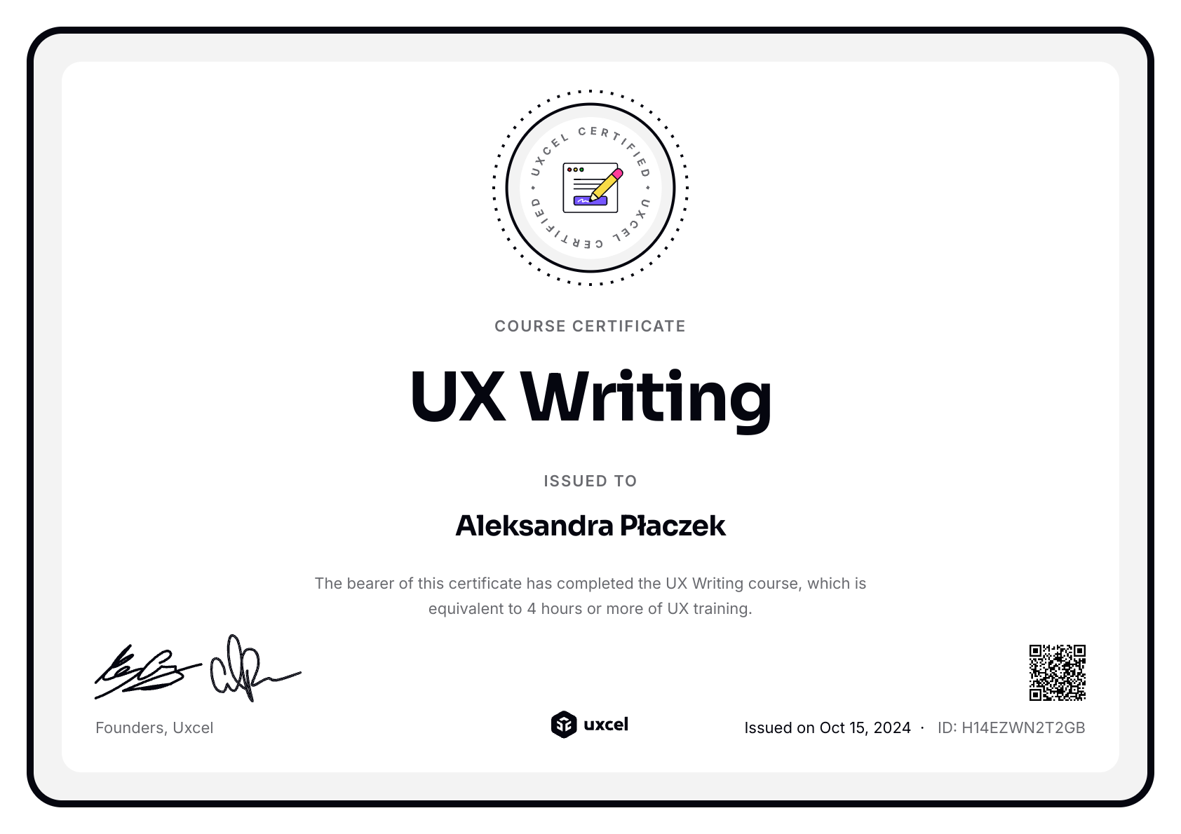 Aleksandra Płaczek's certificate